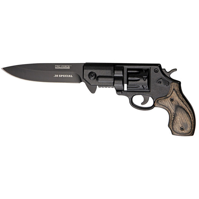 Tac Force Revolver Linerlock A/O Black Aluminum Gray Wood Folding Knife 760BGY
