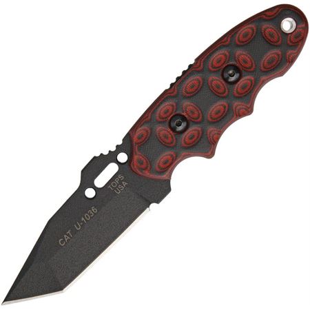 TOPS 203T02 C.A.T. Black Finish Tanto Fixed Blade Knife with Red and Black G10 Handle