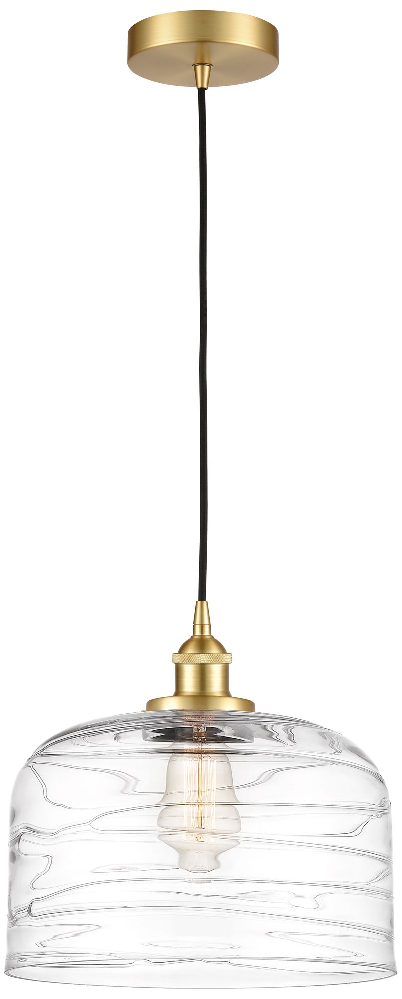 Bell 12" LED Mini Pendant - Satin Gold - Clear Deco Swirl Shade