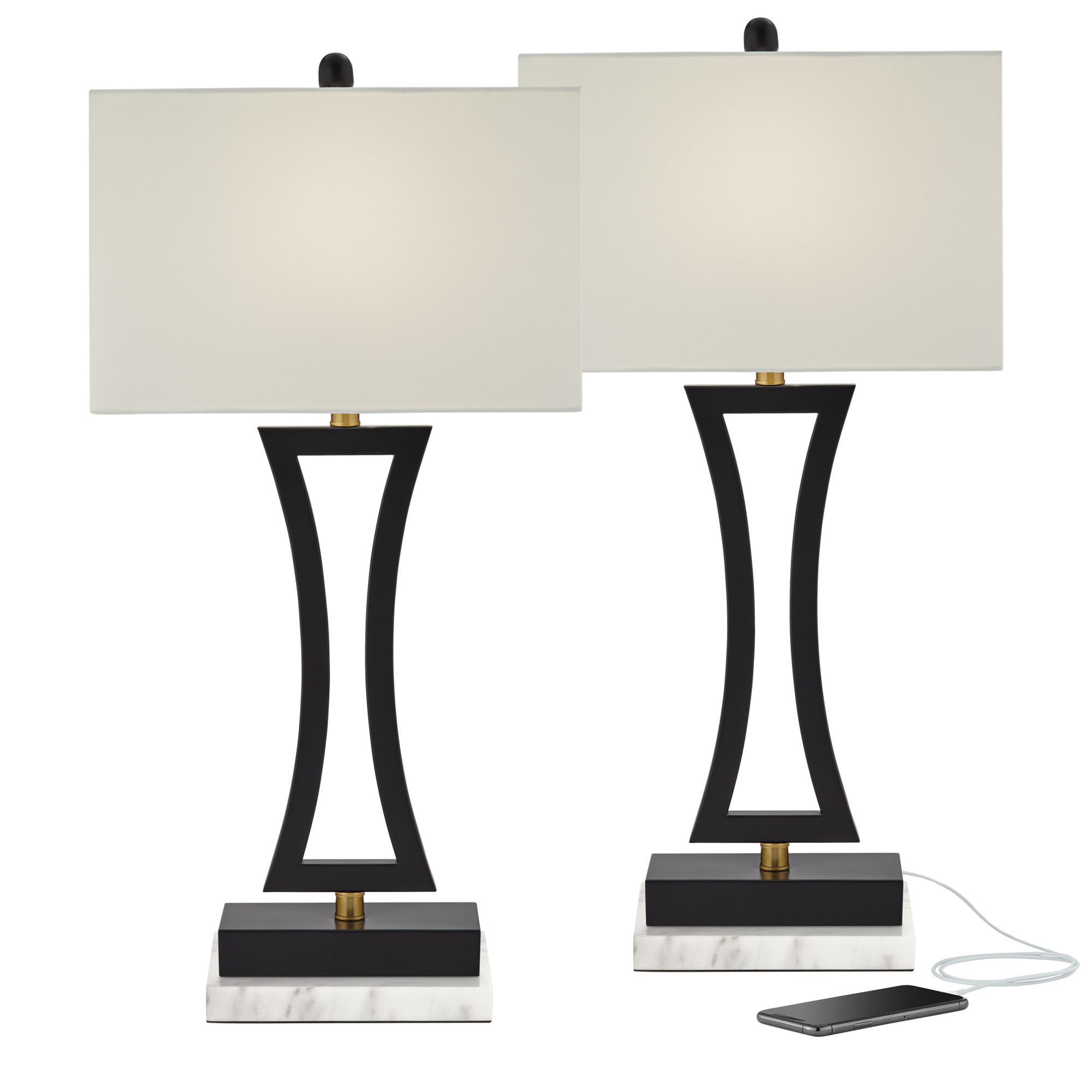 Roxie Black Metal Table Lamps with Port with White Marble Riser