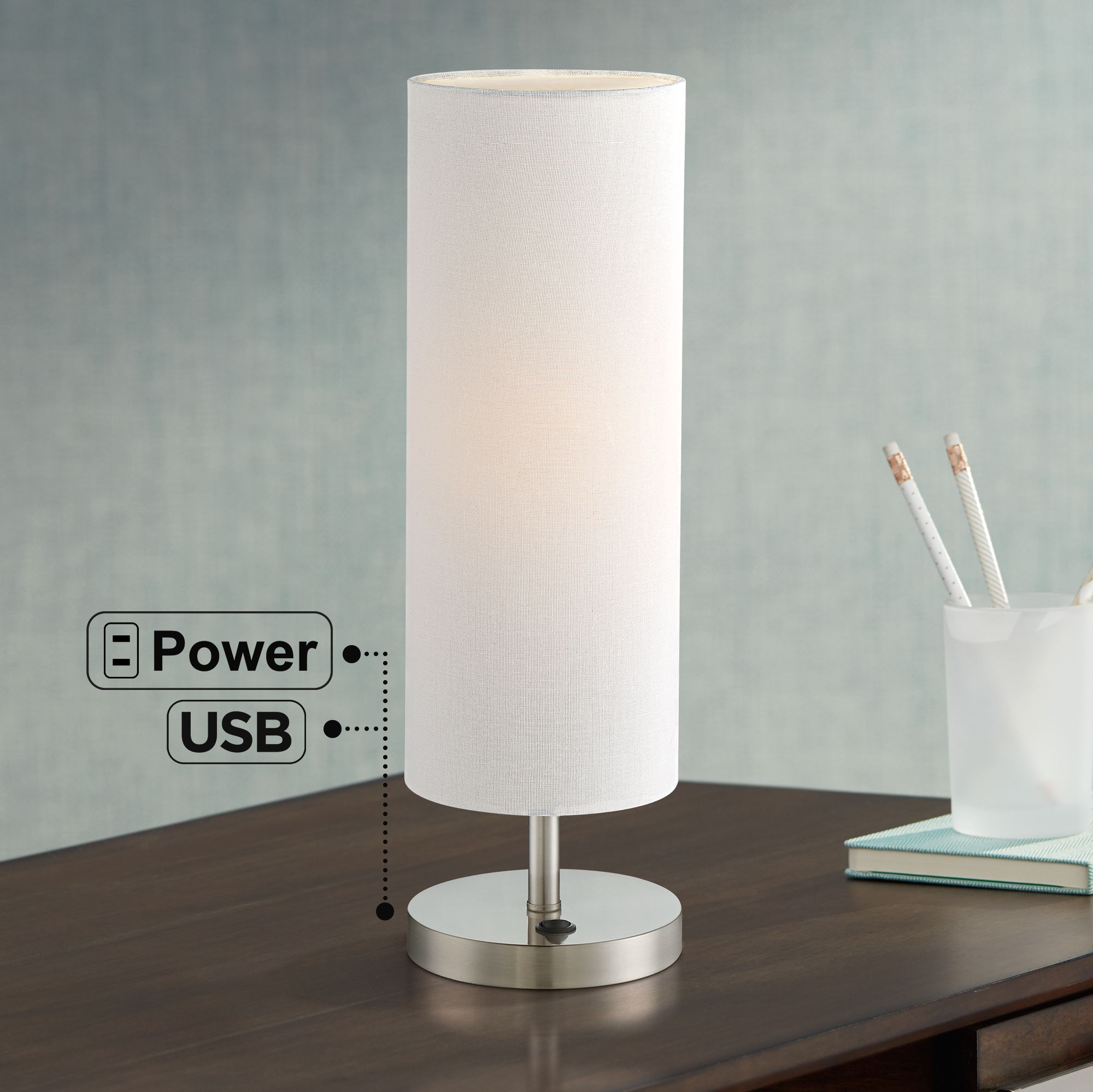 Heyburn Brushed Nickel Accent Table Lamp with USB Port