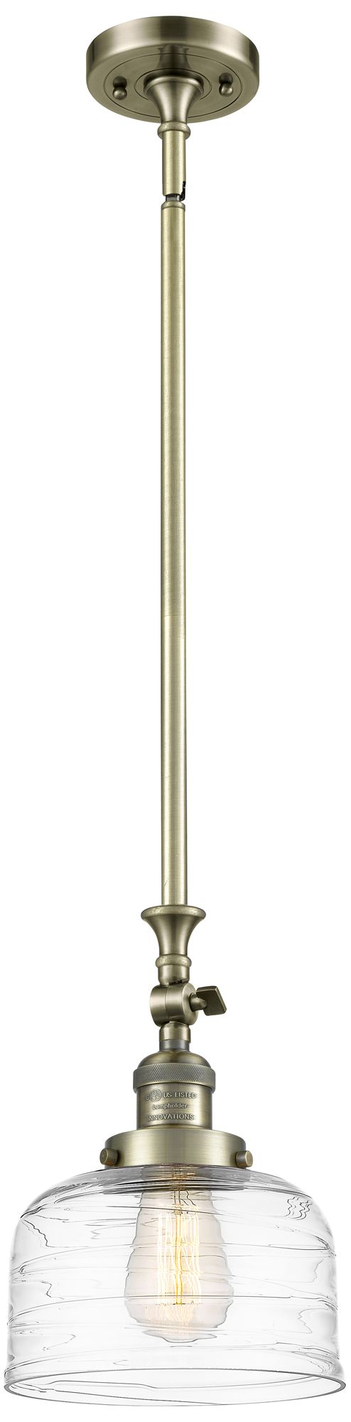 Bell 8" Stem Hung LED Mini Pendant - Antique Brass - Clear Deco Swirl