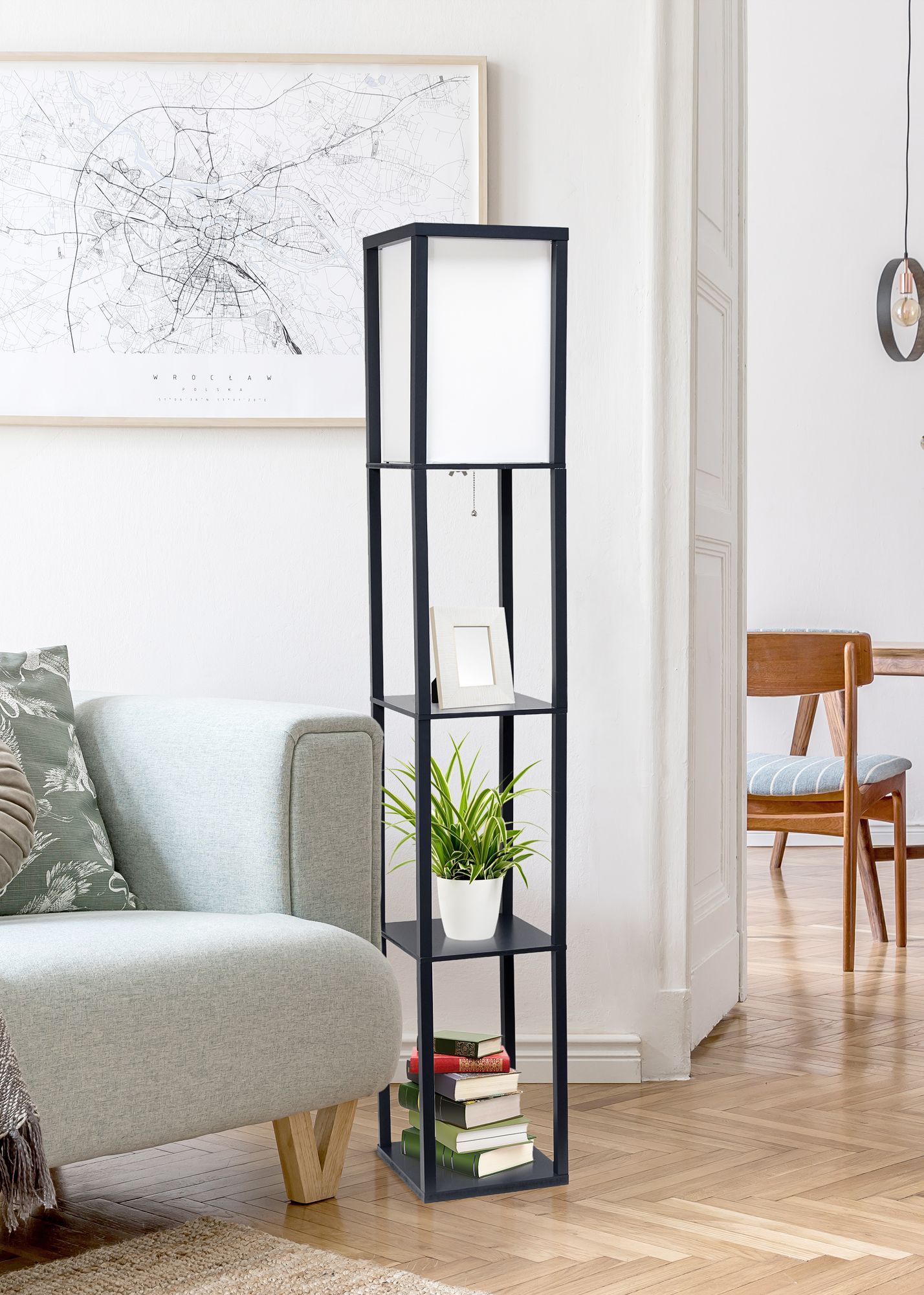 Lalia Home Black Wood 3-Shelf Etagere Column Floor Lamp