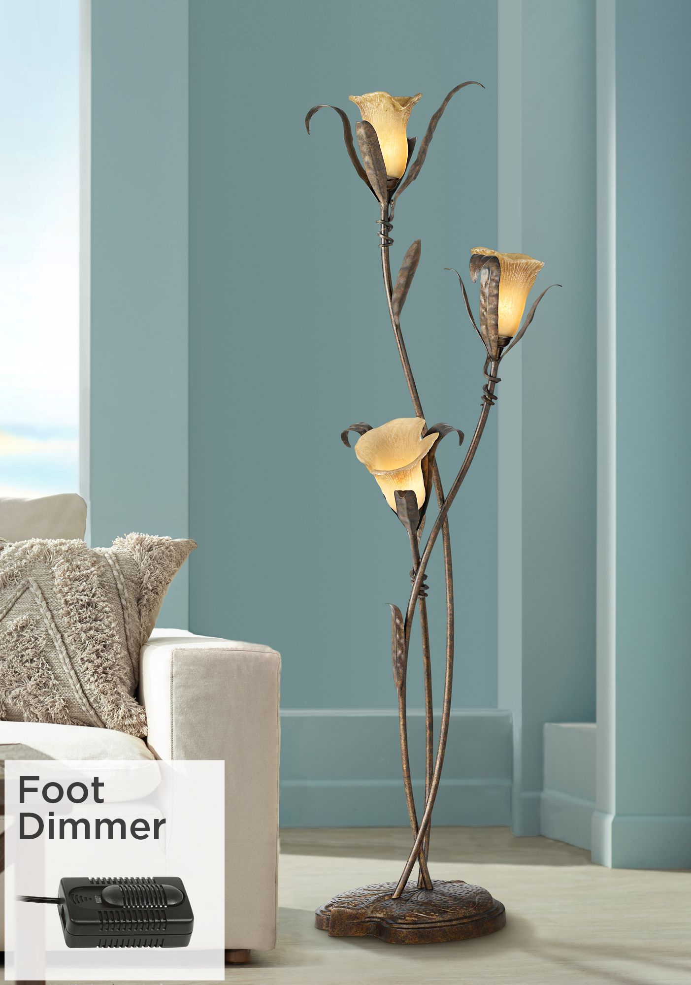 Intertwined Lilies Bronze Gold 3-Light Floor Lamp w/ Dimmer