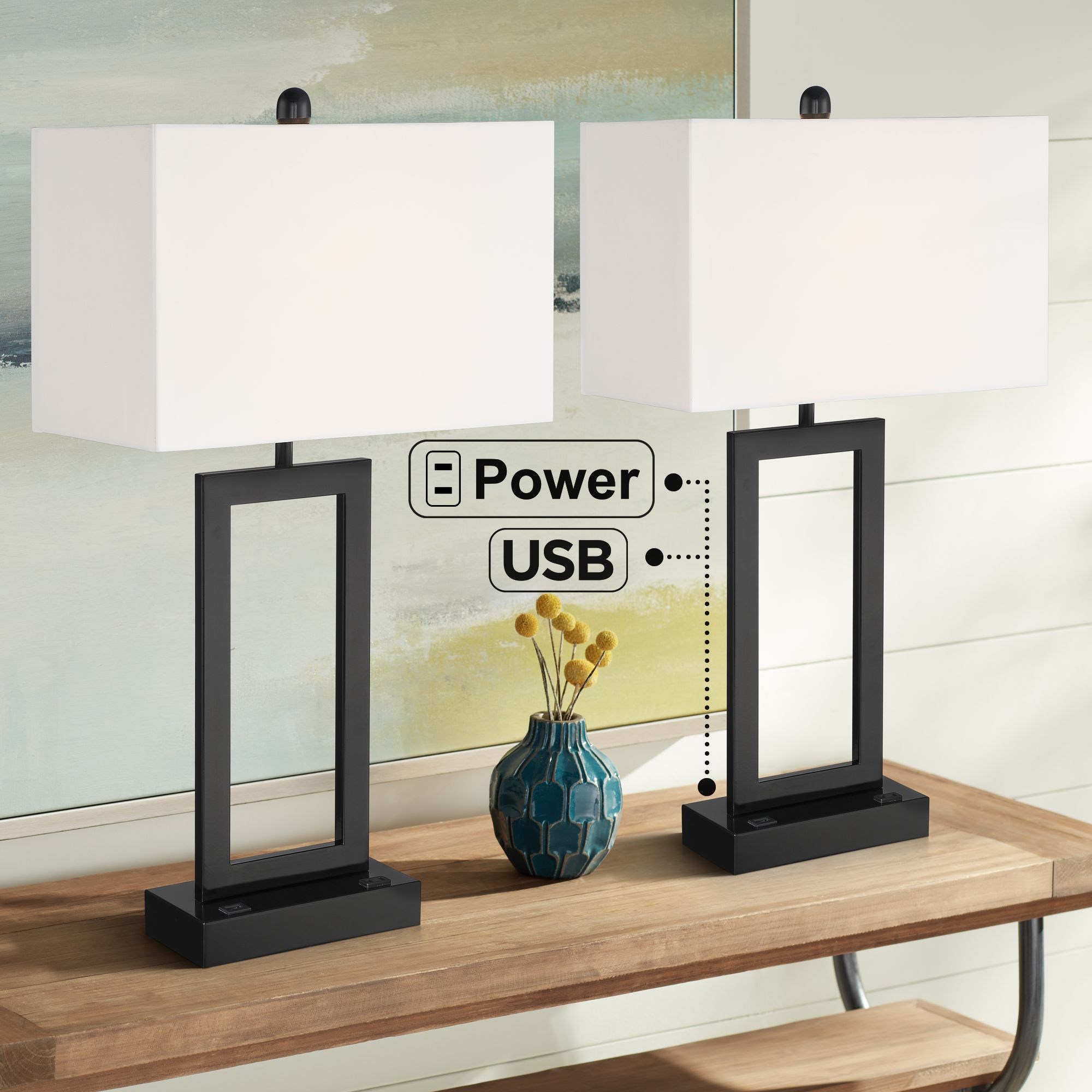 Todd Black Table Lamps Set of 2 with USB Port and Outlet
