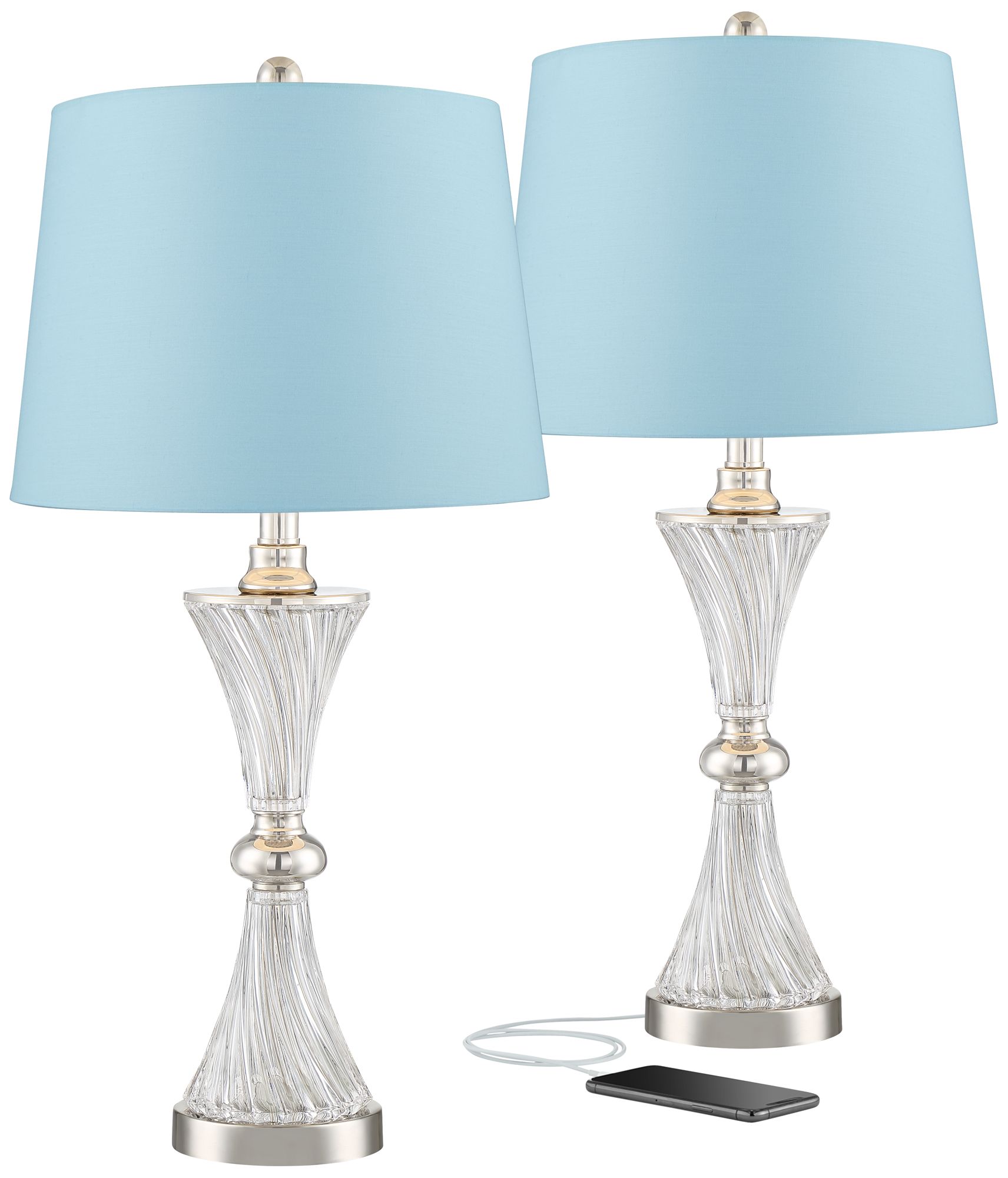 Luca Chrome and Glass Blue Hardback USB Table Lamps Set of 2