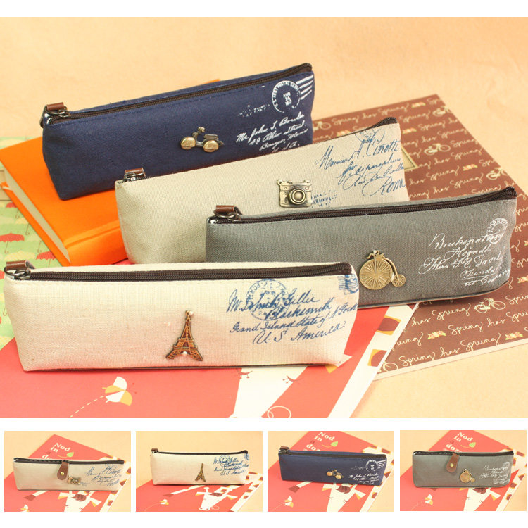 Classic Vintage Style Canvas Pencil Case With Copper Metal Decor Motor Scooter