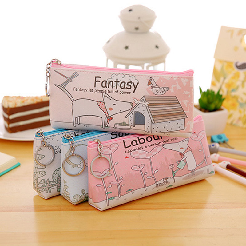 Dog Duck Animal Friends Pu Leather Cute Pencil Cases Cosmetics Make Up Bags Pen Pouches Light Blue With Loneliness Makes People Awake