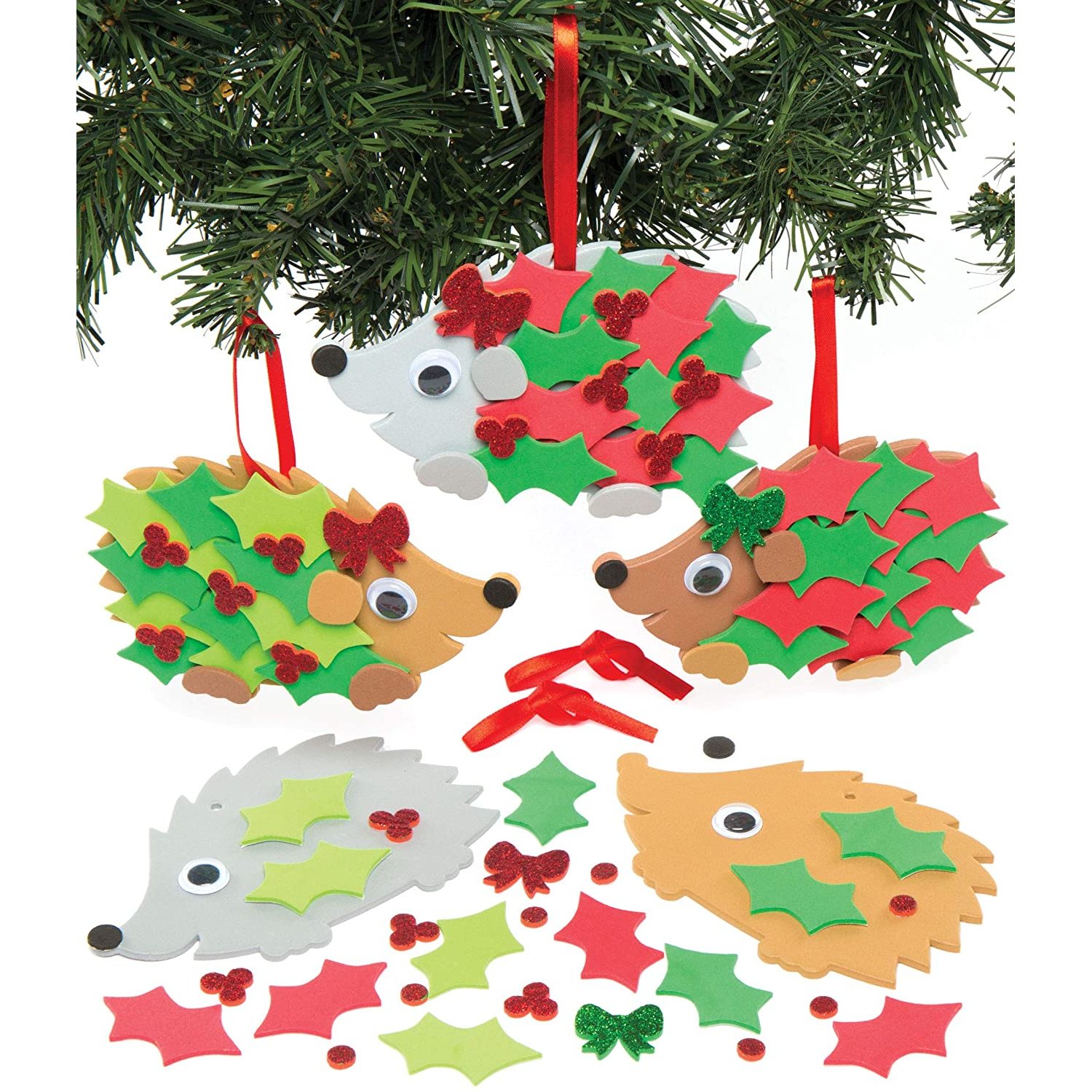 Baker Ross AC290 Holly Hedgehog Foam Kits ? Creative Christmas Art and Craft Supplies for Kids to Make and Decorate (Pack of 5), Assorted