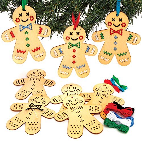 Baker Ross AT187 Gingerbread Wooden Decoration Kits, Cross Stitch for Beginners and for Kids Arts and Crafts Projects (Pack of 5), Assorted