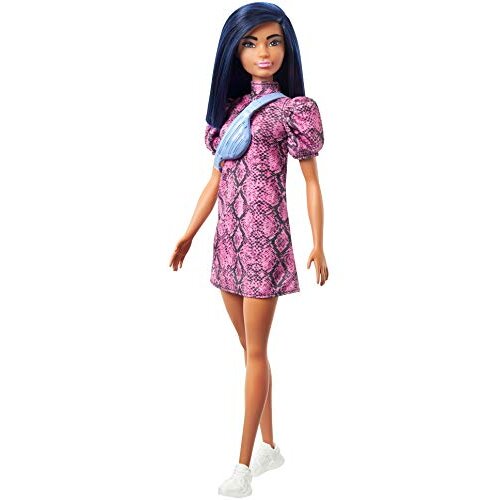 a??Barbie Fashionistas Doll #143 with Blue Hair Wearing Pink & Black Dress, White Sneakers & Bag, Toy for Kids 3 to 8 Years Old