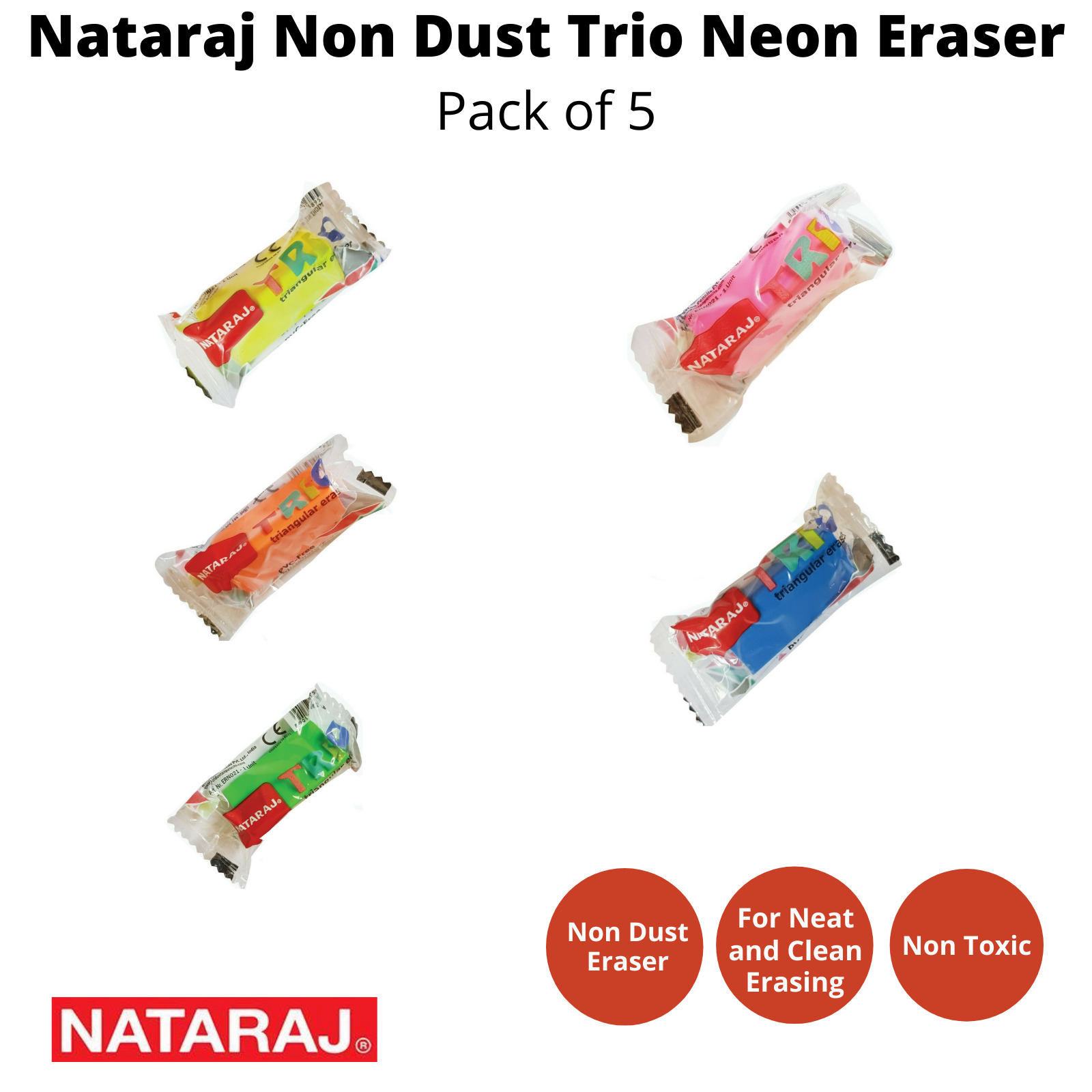 NATARAJ Neon Triangular Rubber Erasers | Pack of 5