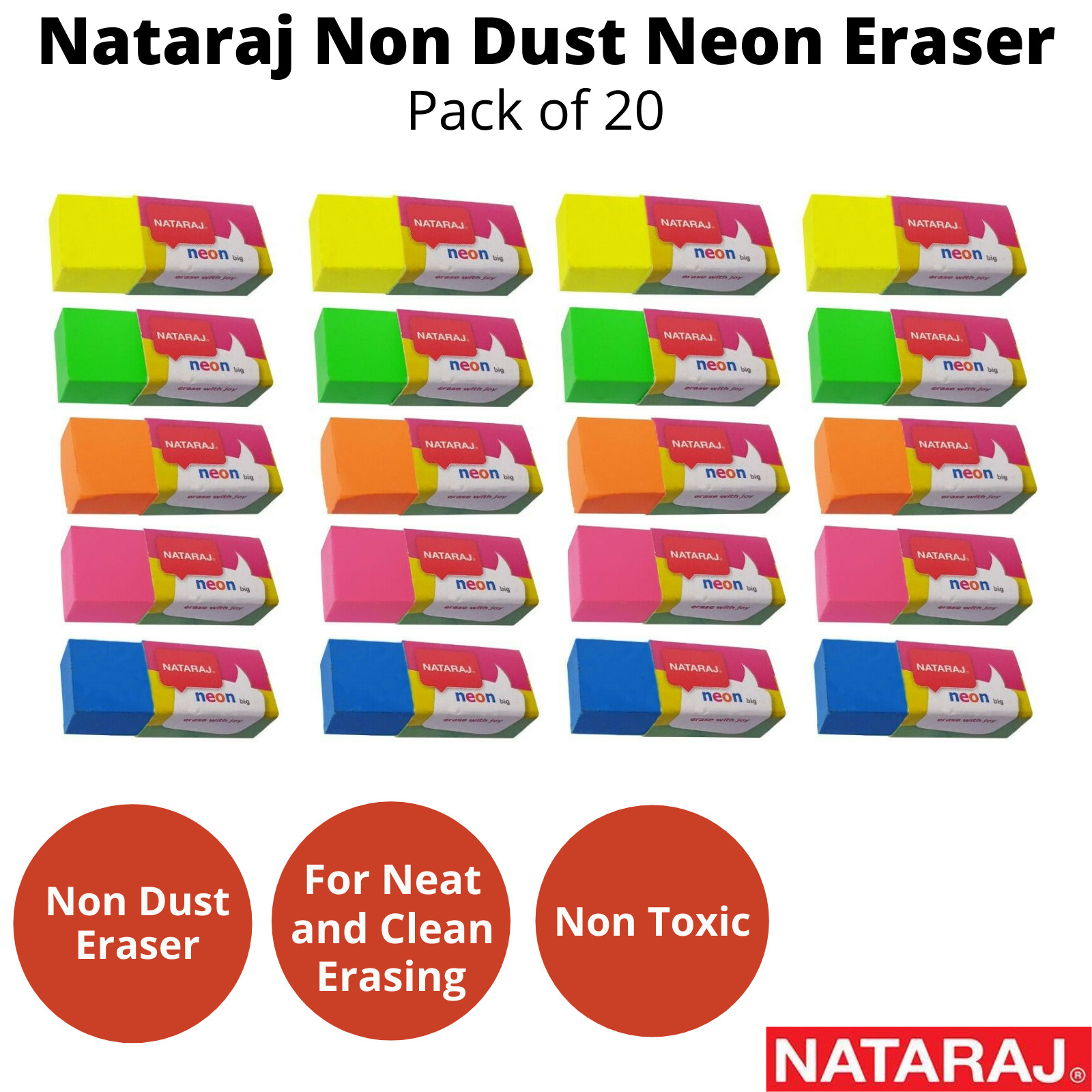 NATARAJ Neon Rubber Pencil Colour Erasers | Pack of 20