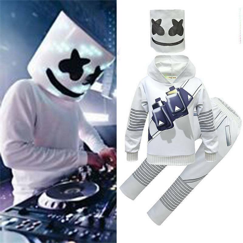 DJ Marshmallow Cosplay Costume Kids Hoodie + Pants Mask Fancy Dress Clothes Set