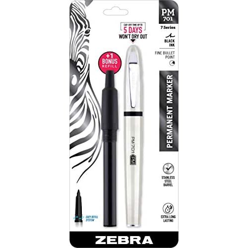 Zebra Pen PM-701 Stainless Steel Permanent Marker, Fine Bullet Tip, Black Ink, 120 Hours Cap Off Time, Refillable, 1-Count, Bonus Refill