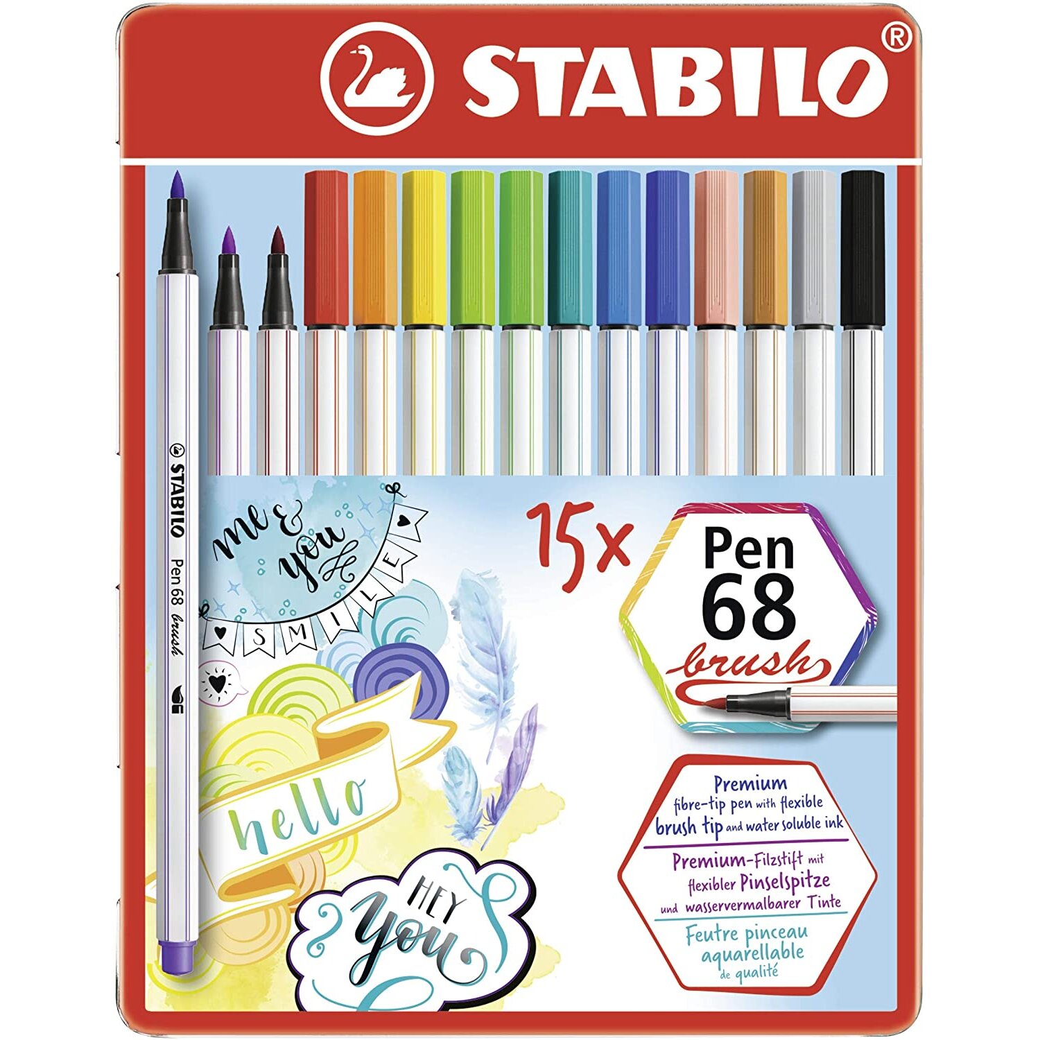Premium Fibre-Tip Pen - STABILO Pen 68 brush Tin of 15 Assorted Colours