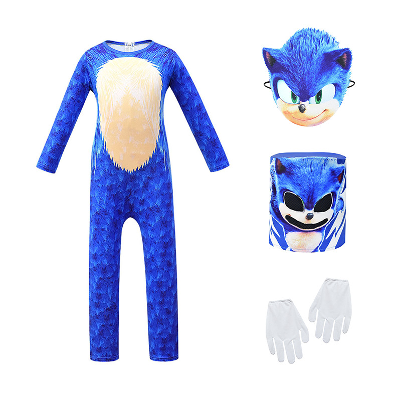 Sonic Kids Hedgehog Mask Cosplay Costume Props Jumpsuit Gloves Headgear