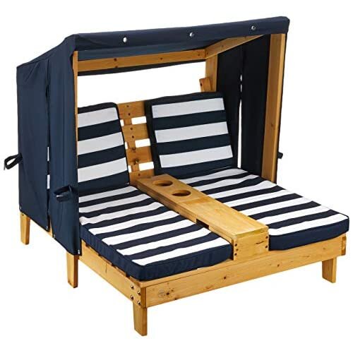 KidKraft 524 Wooden Double Chaise Lounge with Cupholder, Outdoor Garden Furniture for Children Kids, Navy and White