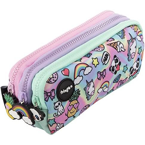 FRINGOO? 3 Compartment Pencil Case for Kids School Stationery Holder Funny Cute (Holo Doodle - 3 Compartments)