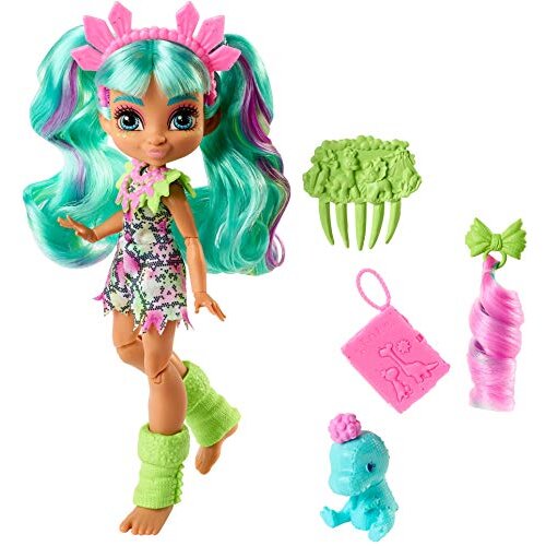 Cave Club Rockelle Doll (8 ?10-inch, Teal Hair) Poseable Prehistoric Fashion Doll with Dinosaur Pet and Accessories, Gift for 4 Year Olds and Up [Amaz