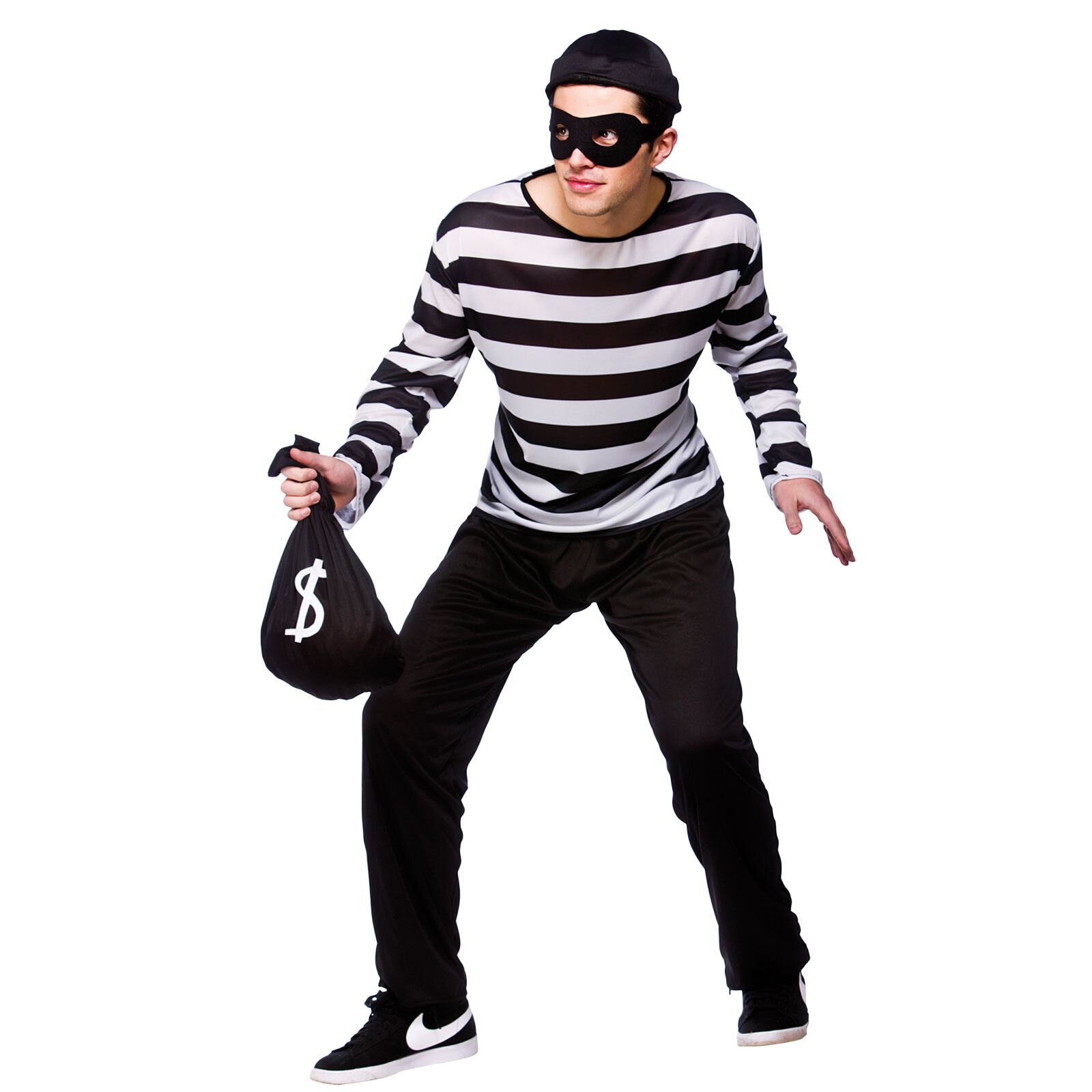 Comedy Fancy Dress Mens Burglar Convict Bank Thief Robber halloween Costume - L