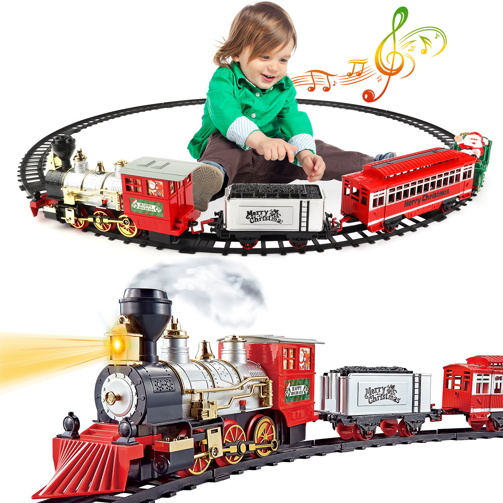 deAO Christmas Train Set with Light & Sounds Smoke Effect Christmas Tree Train Set Around the Tree Electric Train Sets for Kids Christmas Gift-XT-06