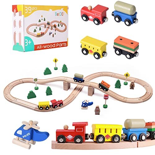 BetDEF Wooden Train Set,39 Pcs-with All-Wood Train Tracks with Double Sided Wooden Tracks and Color Box for 3+