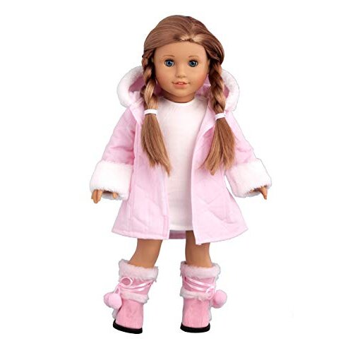 - Cotton Candy - 3 Piece Outfit - Pink Parka with Hood, Ivory Dress and Pink Boots - Clothes Fits 18 Inch Amer