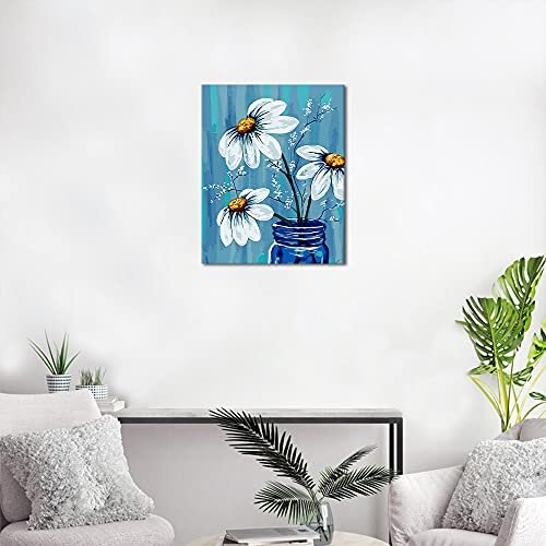 TISHIRON DIY Painting by Numbers, Blue Flowers Pre-Printed Canvas Oil Painting Gift for Adults Children Kits Home Decor 40 x 50 cm