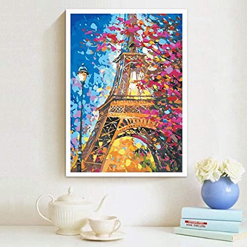 Paint by Numbers Paris Eiffel Tower - DIY Painting by Numbers for Adults - Set Including Pre-Printed Canvas, 3 Brushes and Colourful Acrylic Pain