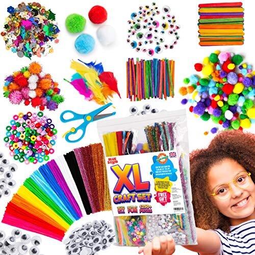 Blue Squid Arts & Craft Supplies Kit XL Craft Set for Kids - 1250+ Pcs Kids Craft Art Supply for Toddlers & Kid Education Supplies & Craft Supplies fo