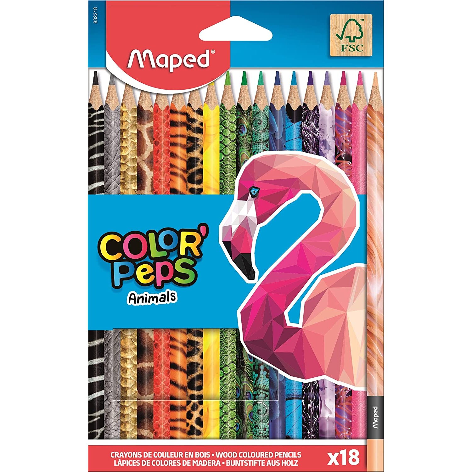 Maped Colour'Peps Animals Colouring Pencils - Ergonomic Triangular Pencil with Bright Colours - Complies with Toy Regulations - Pack of 18 Wooden