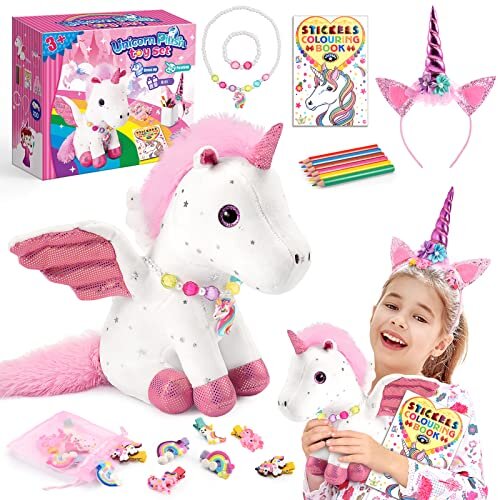 EUCOCO Unicorn Gifts Unicorn Plush Toys Set for Kids with Bracelet Making Kit Unicorn Colouring Book Kids Toys Age 3-7