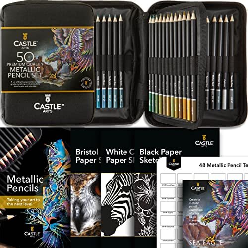 Castle Art Supplies 48 Metallic Coloured Pencils Set with Extras | Quality Wax Cores with Shimmering Shades for Professional, Adult Artists,