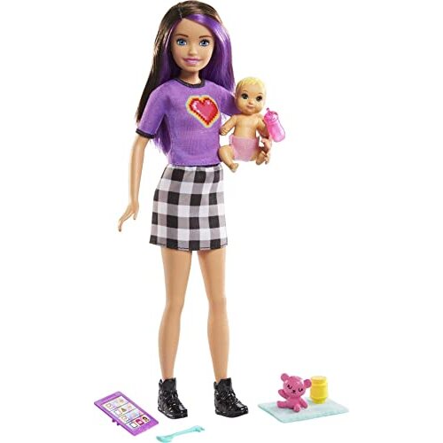 Barbie Skipper Babysitters Inc. Doll & Accessories Set with 9-in / 22.86-cm Brunette Skipper Doll, Baby Doll & 4 Storytelling Pieces for 3 to 7 Year