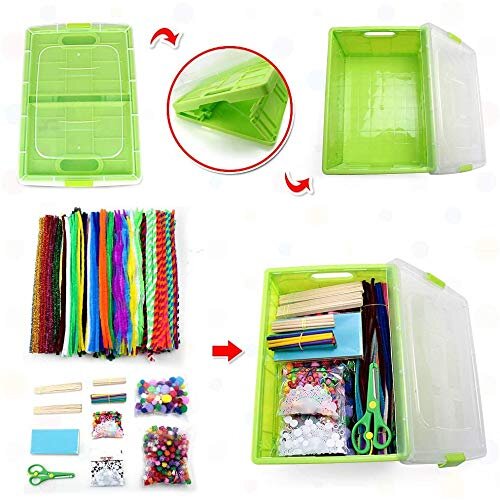 Arts and Crafts Supplies for Kids with Storage Box, 1150+ Pcs Googly Eyes Pompoms Sticks Pipe Cleaners Colourful Paper Glitter Glue and More, Aged 3+