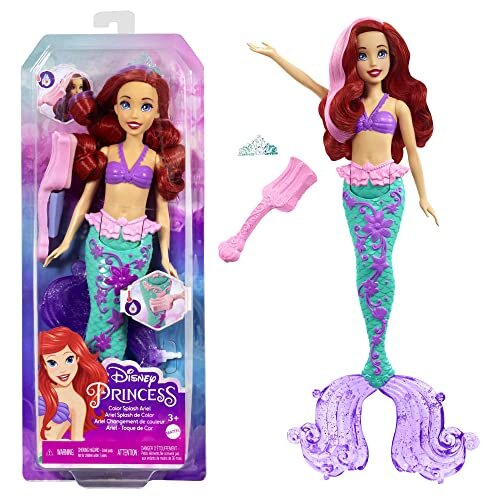 Disney Princess Toys, Ariel Mermaid Doll with Color-Change Hair and Tail, Color Splash Water Toy Inspired by the Disney Movie, HLW00