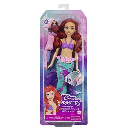 Disney Princess Toys, Ariel Mermaid Doll with Color-Change Hair and Tail, Color Splash Water Toy Inspired by the Disney Movie, HLW00