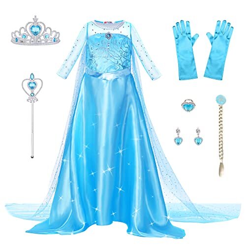 URAQT Elsa Dress, Elsa Costume with Princess Crown Tiara and Fairy Wand Accessories, Elsa Princess Costume Dress Up for Girls, Deluxe Fancy
