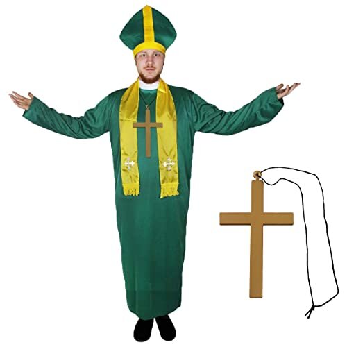 IRISH PRIEST COSTUME - XX-LARGE - GREEN ROBE WITH WHITE CLERICAL COLLAR + GOLD STOLE + GREEN & GOLD PRIEST HAT + GOLD CROSS - ST PATRICKS DA