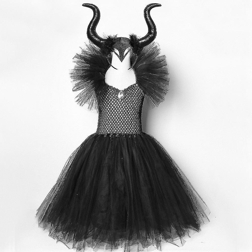Halloween Costumes Kids Girls Black Dress Ankle Length Dresses Devil Costume Cosplay Outfits Horns Wings