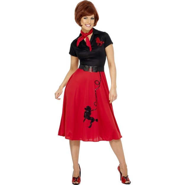 Smiffy's Adult Women's 50's Style Poodle Costume, Dress, Scarf And Belt, -  dress 50s fancy costume poodle outfit womens style 1950s grease ladies