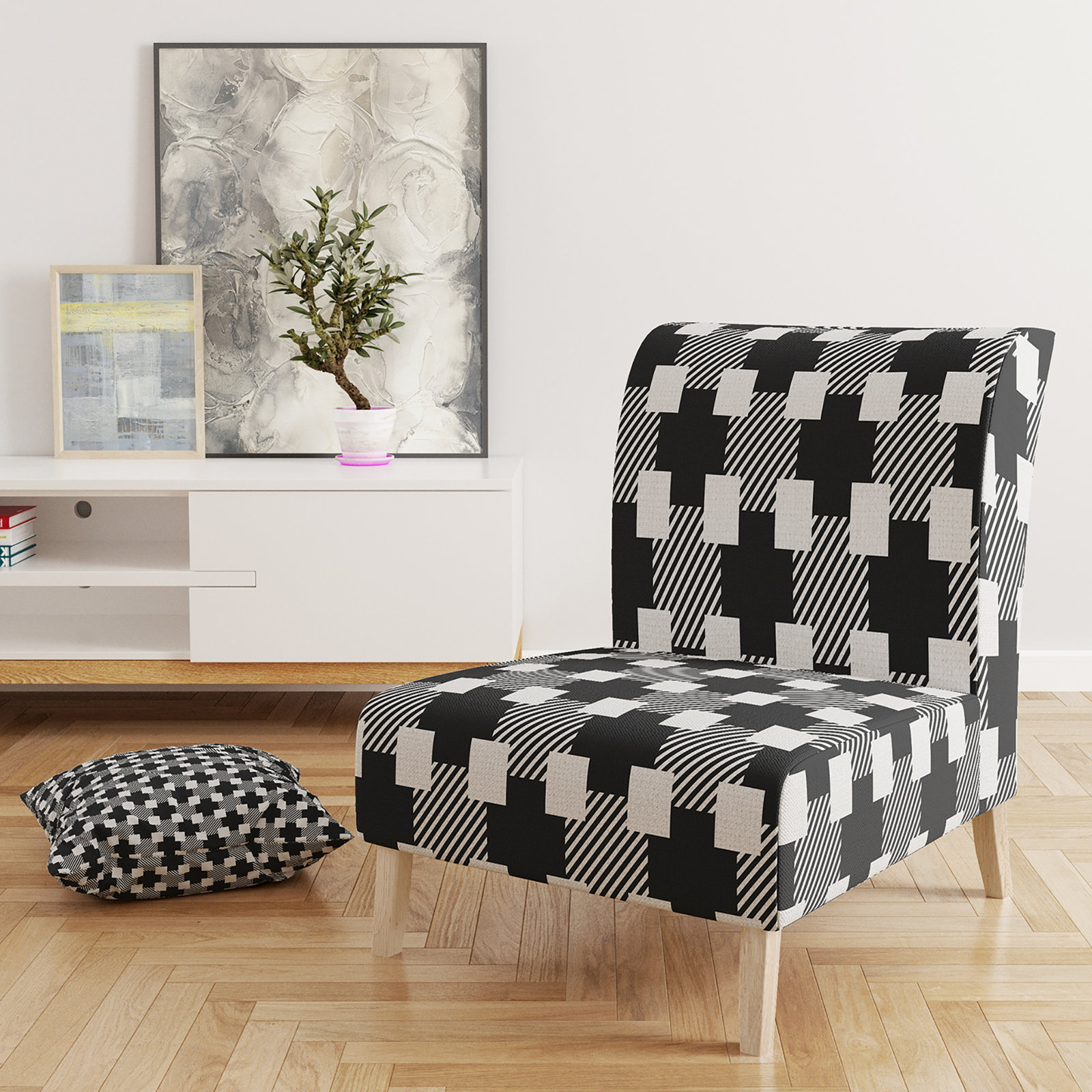 Bless international Geometric Monochrome Pattern II - Mid-Century Upholstered Slipper Chair Bless international Geometric Monochrome Pattern II - Mid-Century Upholstered Slipper Chair