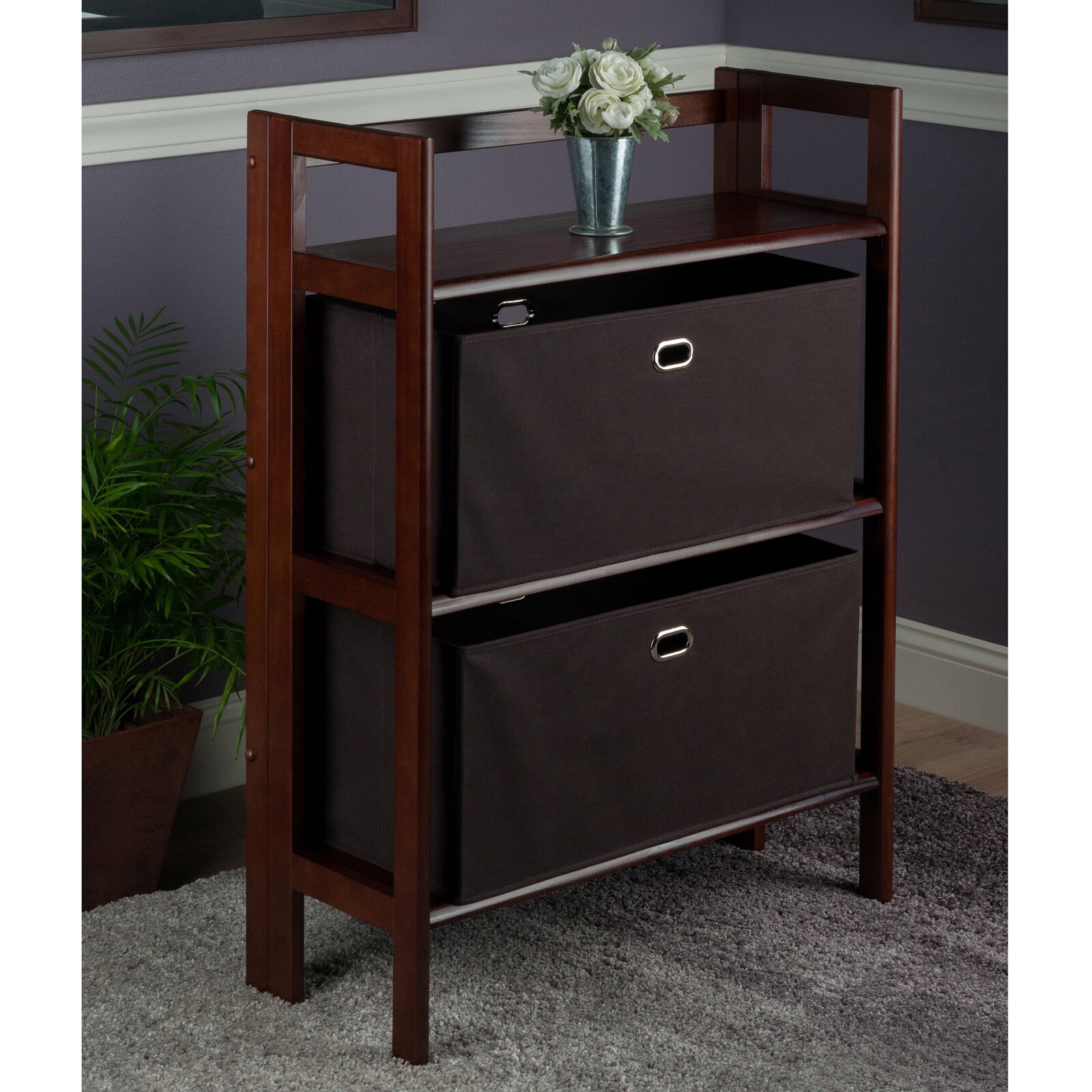 Ebern Designs Arlowe 38.54'' H x 27.8'' W Solid Wood Etagere Bookcase with Bins Ebern Designs Arlowe 38.54'' H x 27.8'' W Solid Wood Etagere Bookcase with Bins